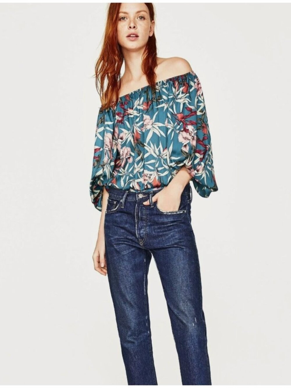 Zara blue tropical Cruise Vaca print off-shoulder bodysuit M - Picture 7 of 7